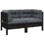 Dvivietė sodo sofa su pagalvėlėmis, juoda, pušies masyvas
