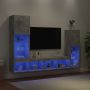 Sieninė TV sekcija su LED, 4 dalių, betono, apdirbta mediena