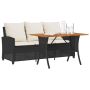 Sodo sofa, 3 vietų, su pagalvėlėmis ir stalu, juoda, poliratanas