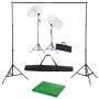 Fotostudijos komplektas su fonu, šviestuvais ir skėčiais