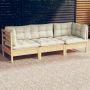 Trivietė sodo sofa su kreminėmis pagalvėlėmis, pušies masyvas