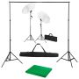 Fotostudijos komplektas su fonu, šviestuvais ir skėčiais