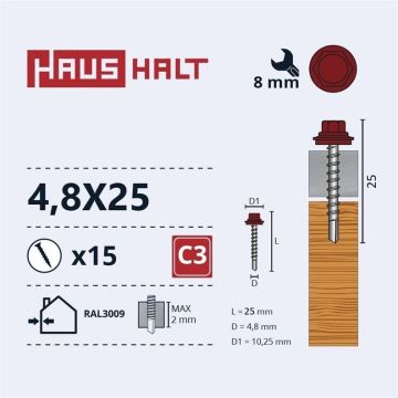 Savisriegiai 4.8X25 MED+EPDM RAL3009 15VNT