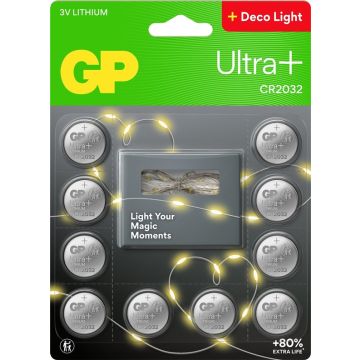Elementai GP ULTRA+ 10 vnt. CR2032 ir lempučių girlianda