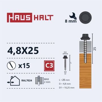 Savisriegiai 4.8X25 MED+EPDM RAL7024 15VNT