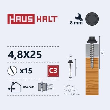 Savisriegiai 4.8X25 MED+EPDM RAL7024 15VNT