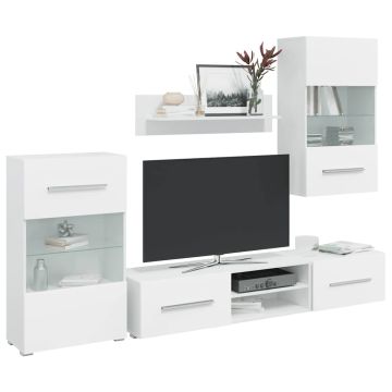 5 dalių televizoriaus spintelės su LED apšvietimu, matinės baltos spalvos, inžinerinė mediena