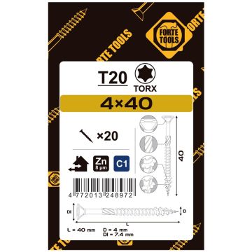 Medsraigčiai FORTE TOOLS, 4×40 mm, ZN, TX20, 20 vnt.