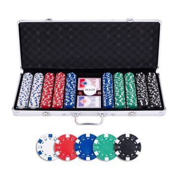 Pokerio rinkinys sidabrinės spalvos dėkle, be verčių, 500 žetonų 11.5g