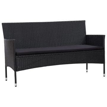 Trivietė sodo sofa su pagalvėlėmis, juodos spalvos, poliratanas