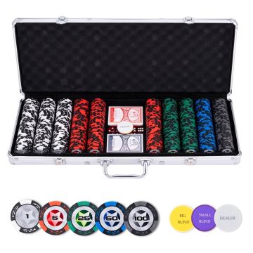 Pokerio rinkinys sidabrinės spalvos dėkle, 500 žetonų, 14g su vertėmis