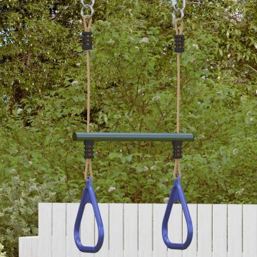 Vaikiška trapecijos juosta su gimnastikos žiedais, mėlyna/žalia
