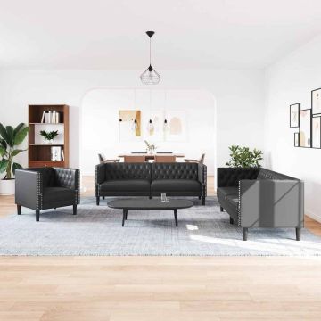 Svetainės sofa 3 vnt. Juoda Dirbtinė oda
