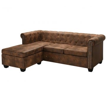  L-formos Chesterfield sofa, dirbtinė oda, ruda