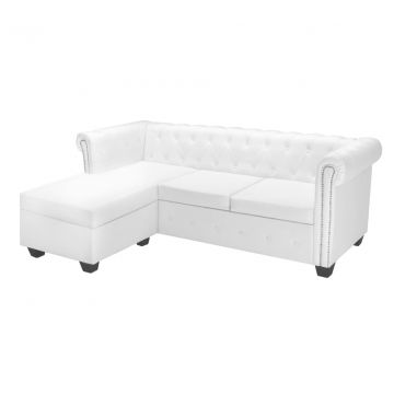  L-formos Chesterfield sofa, dirbtinė oda, balta