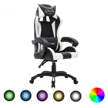  Žaidimų kėdė su LED lemputėmis, balta ir juoda, dirbtinė oda