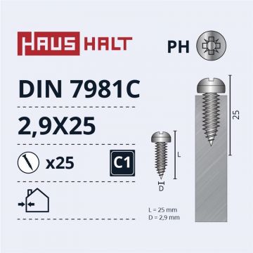 Savisriegiai Haushalt, DIN7981C, 2.9 x 25 mm, 25 vnt.